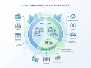 diagram showing the three core components of a monthly budget