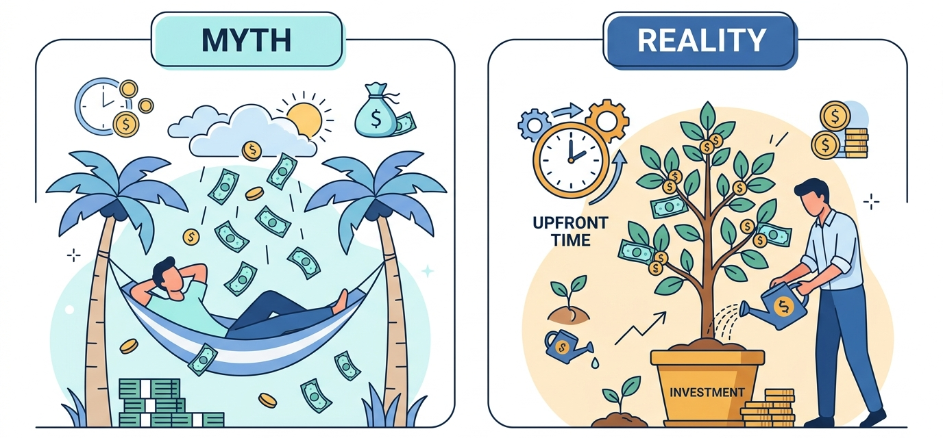 passive income myths vs reality, two balanced visual panels one showing a hammock with money falling from the sky labeled myth and one showing a growing tree fed by upfront time and investment labeled reality