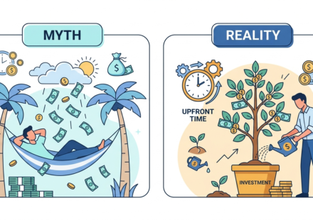 passive income myths vs reality, two balanced visual panels one showing a hammock with money falling from the sky labeled myth and one showing a growing tree fed by upfront time and investment labeled reality