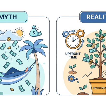 passive income myths vs reality, two balanced visual panels one showing a hammock with money falling from the sky labeled myth and one showing a growing tree fed by upfront time and investment labeled reality