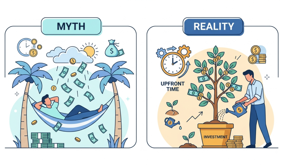 passive income myths vs reality, two balanced visual panels one showing a hammock with money falling from the sky labeled myth and one showing a growing tree fed by upfront time and investment labeled reality
