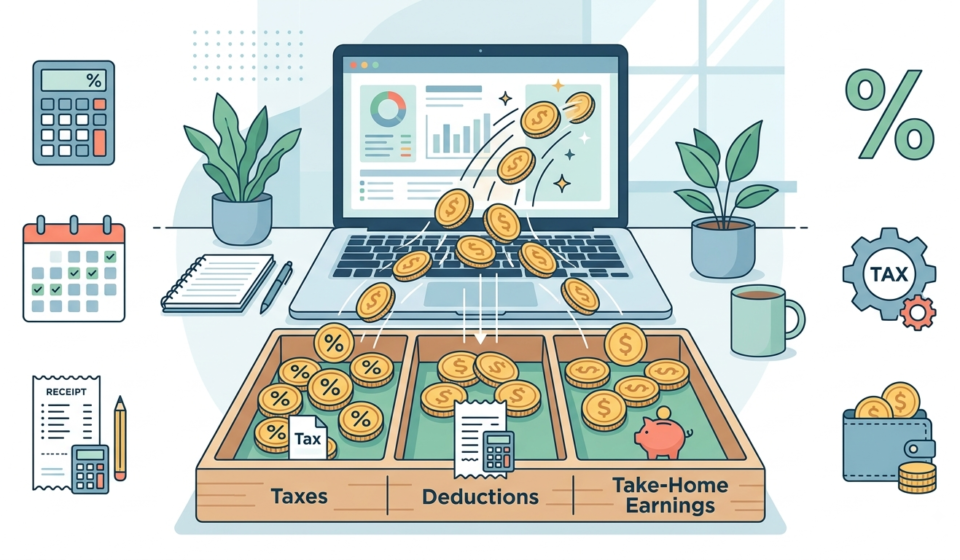 Freelance Taxes Explained: What Every Side Hustler Needs to Know illustration showing how freelance and side hustle income is divided for taxes