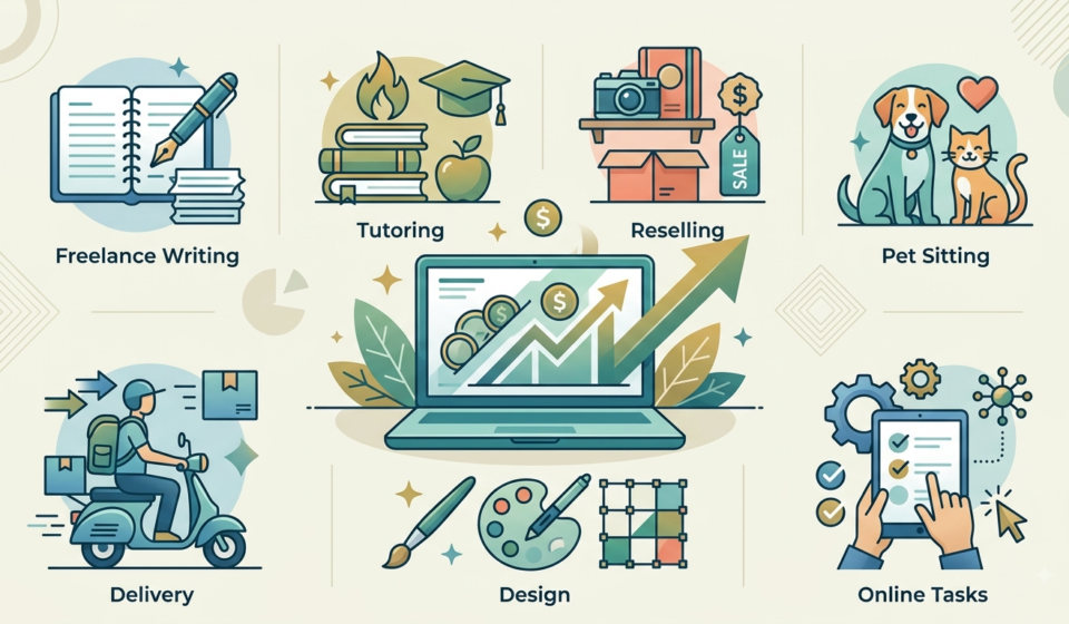 15 Best Side Hustles for Beginners You Can Start This Week illustration showing the best side hustles for beginners