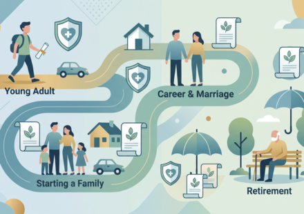 illustration showing the types of insurance you need at different life stages