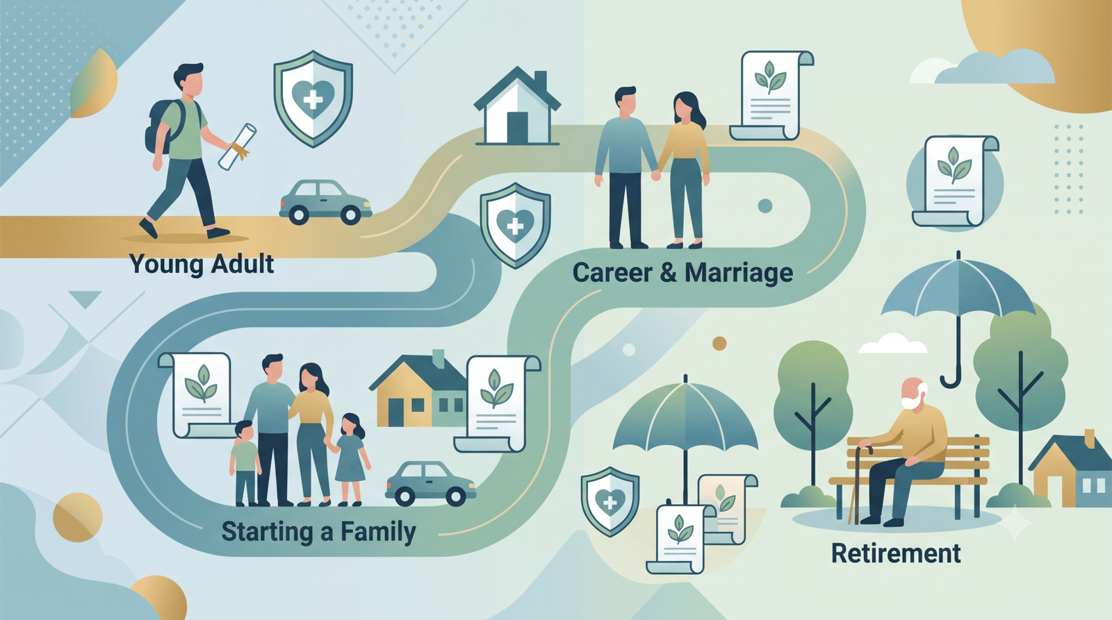 illustration showing the types of insurance you need at different life stages