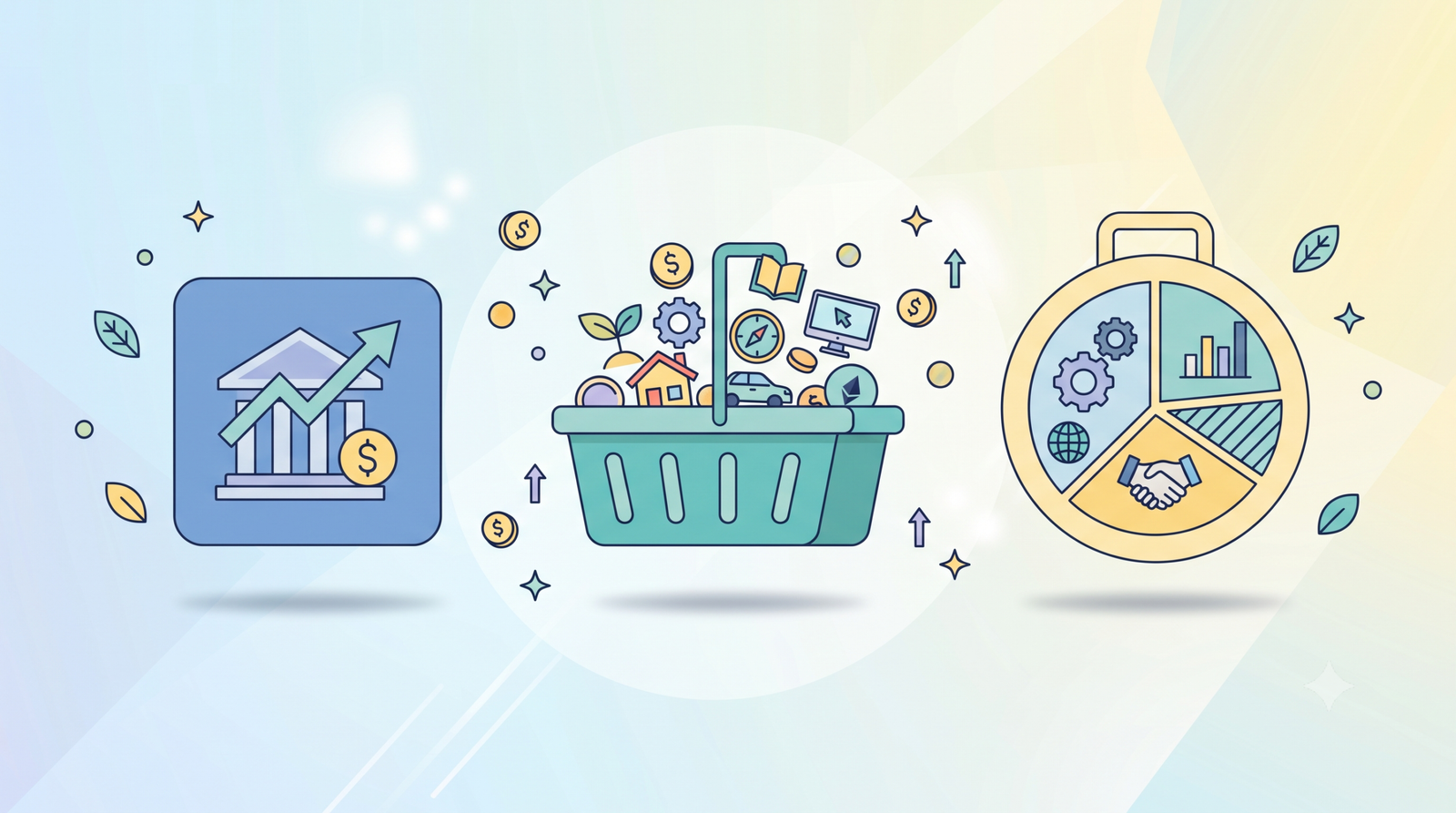 illustration comparing stocks ETFs and mutual funds side by side