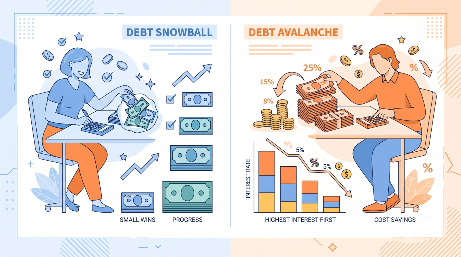 illustration comparing the debt snowball and debt avalanche methods
