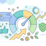 illustration of a rising credit score on a gauge with credit card icons