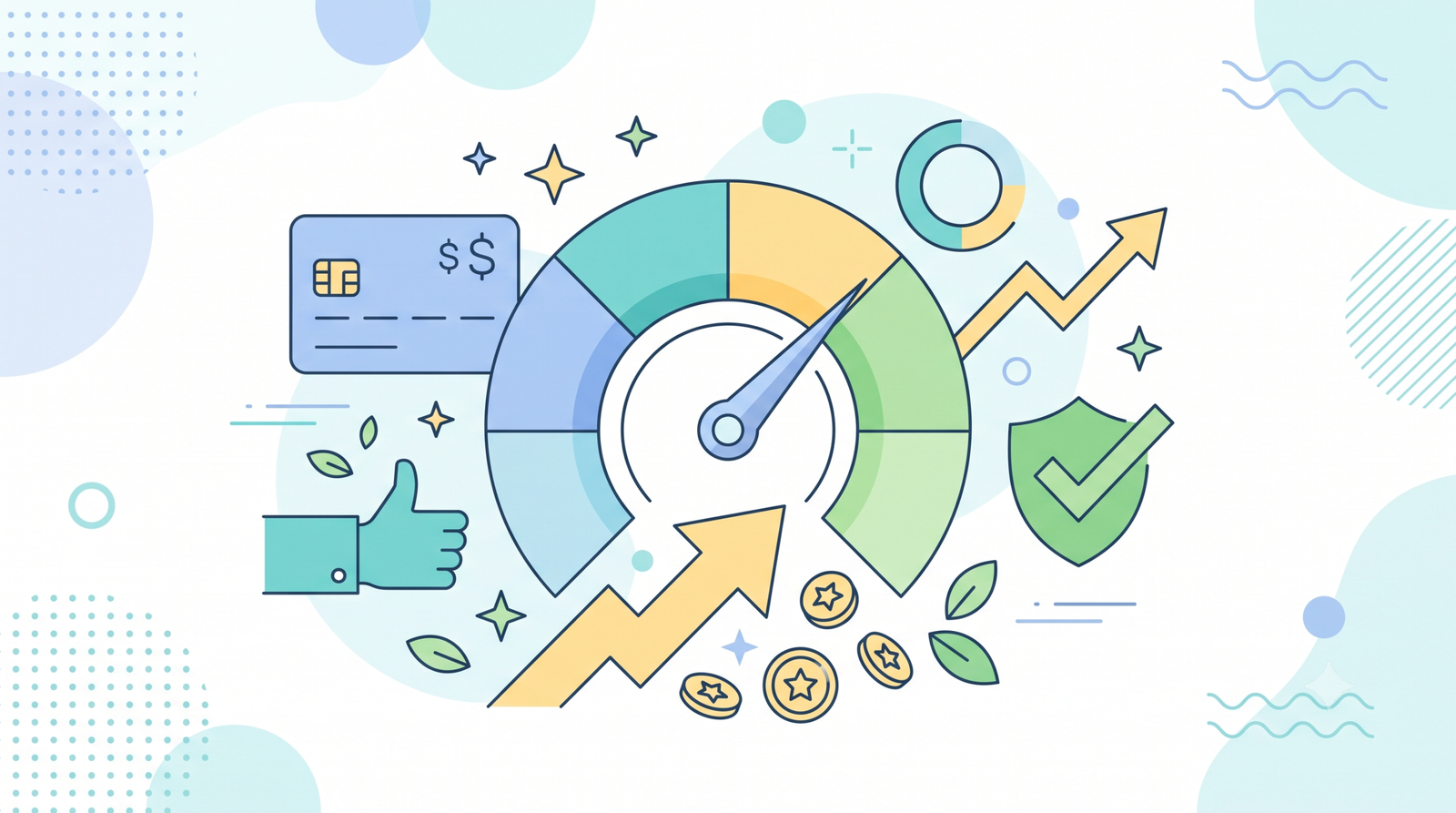 illustration of a rising credit score on a gauge with credit card icons