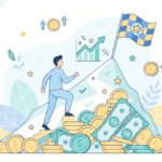 illustration of a person climbing out of a pile of debt toward a goal flag