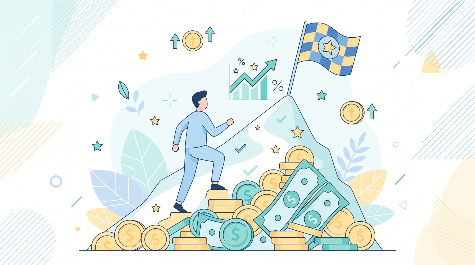 illustration of a person climbing out of a pile of debt toward a goal flag