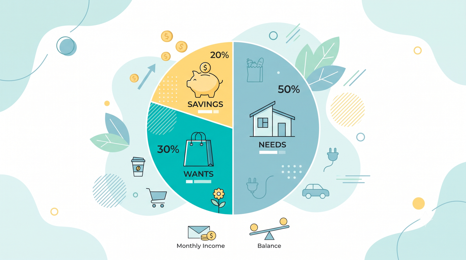 illustration of the 50/30/20 budgeting rule split into needs wants and savings