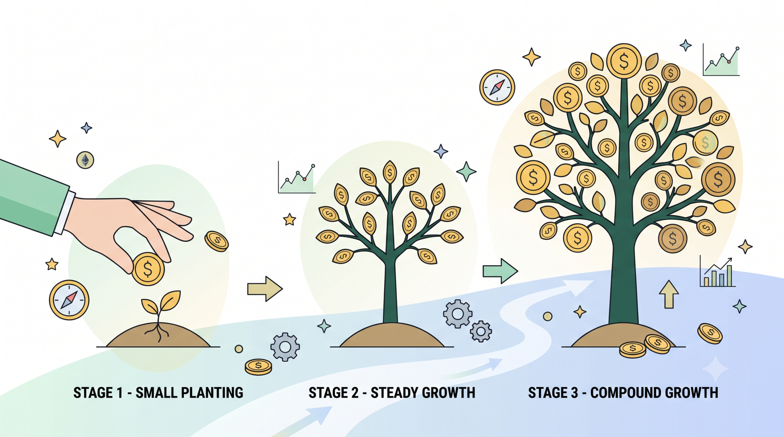 illustration showing compound interest growth over time as a growing tree